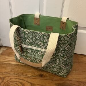 Vintage Ll Bean Boat And Tote Reversible Canvas Floral Leather Handle Tote Bag